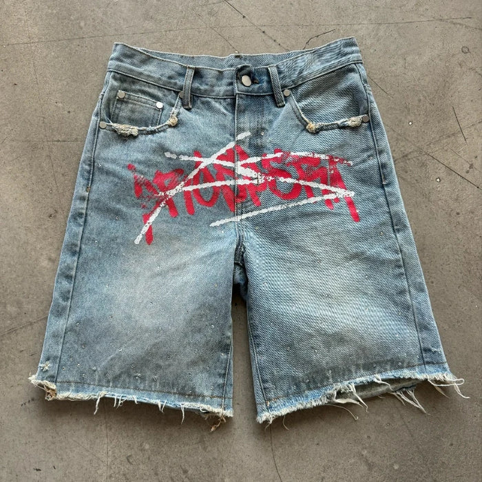 Graffiti Jorts – Y2K Rhinestone Distressed Denim Shorts